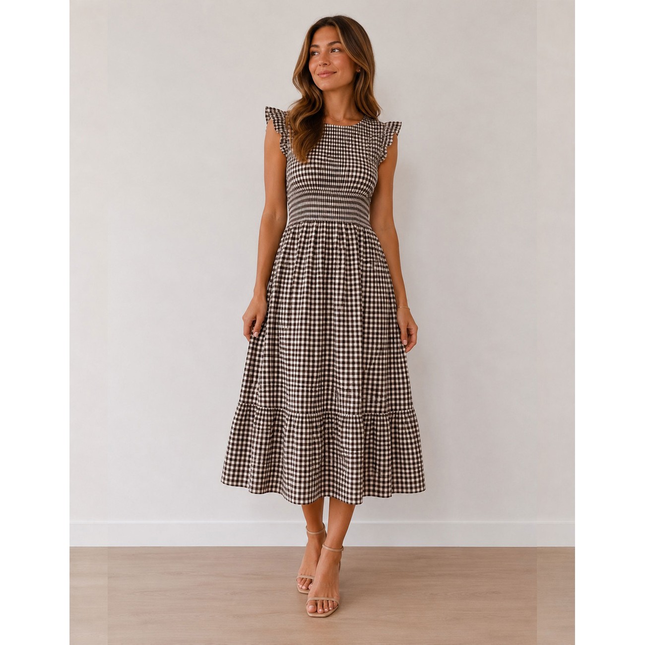 Lucy Cobb Dahlia Gingham Midi Dress in Dark Brown Lucy Cobb Dahlia Gingham Midi Dress in Dark Brown