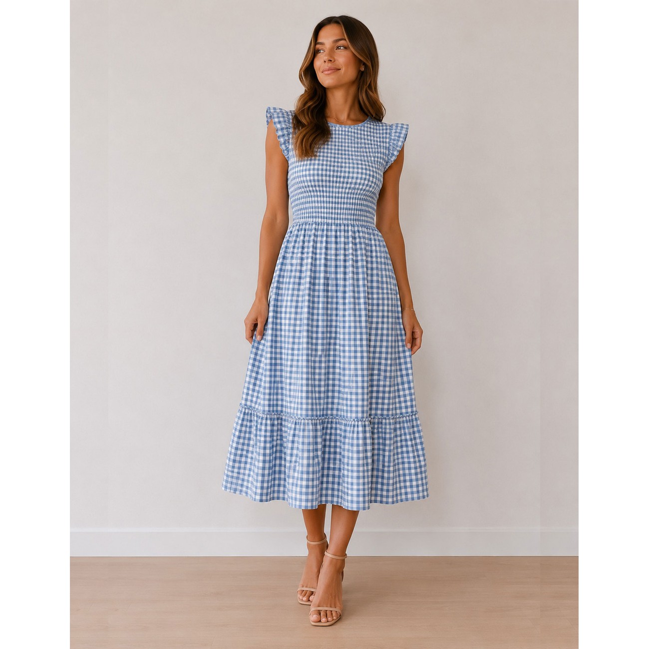 Lucy Cobb Dahlia Gingham Midi Dress in Pale Blue